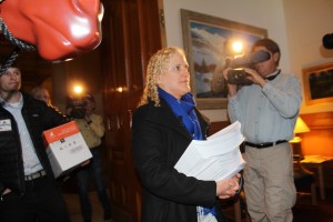 photo:  Tiburcia Vidal, The Nation ReportPetitions calling for a moratorium on new fracking wells were delivered to Governor Hickenloopers office.