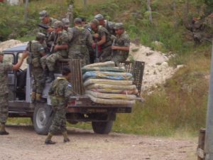 An April 25, 2011 burning and destruction of a village by the Honduran military. Here the bedding of villagers was confiscated. (photo: Observatorio Nacional)