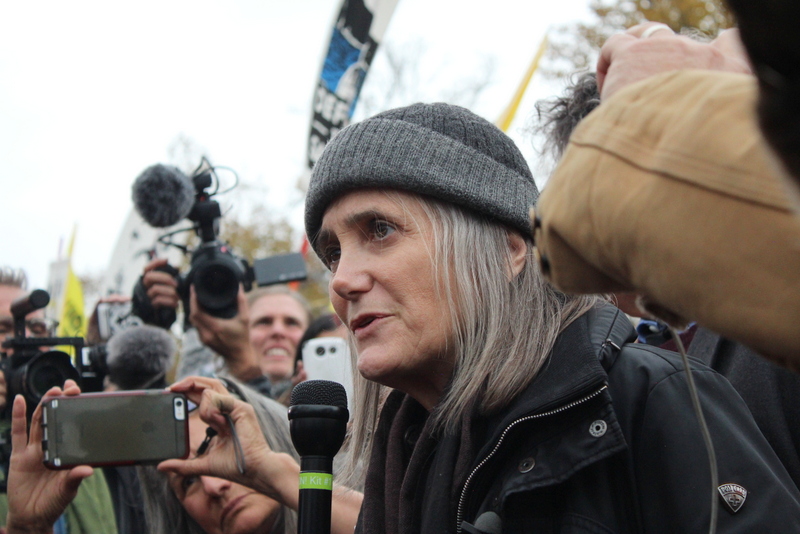 Amy Goodman of Democracy Now! gives a statement outside of Morton County Courthouse announcing that her charges have been dropped and challenged "mainstream media to cover this historic moment in history."