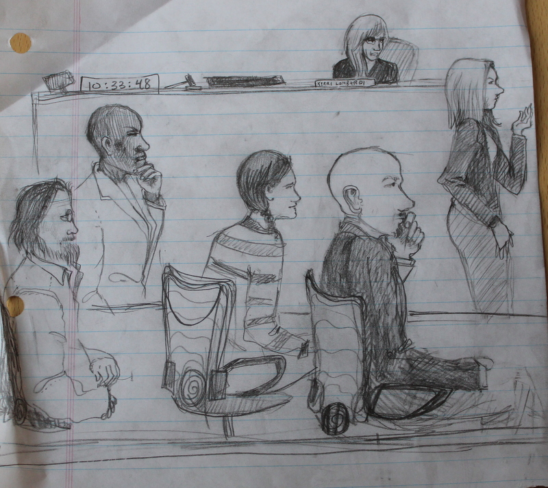 Courtroom showing the three defendants, their attorney, the prosecuting attorney, and judge (drawing: Karen Seed)